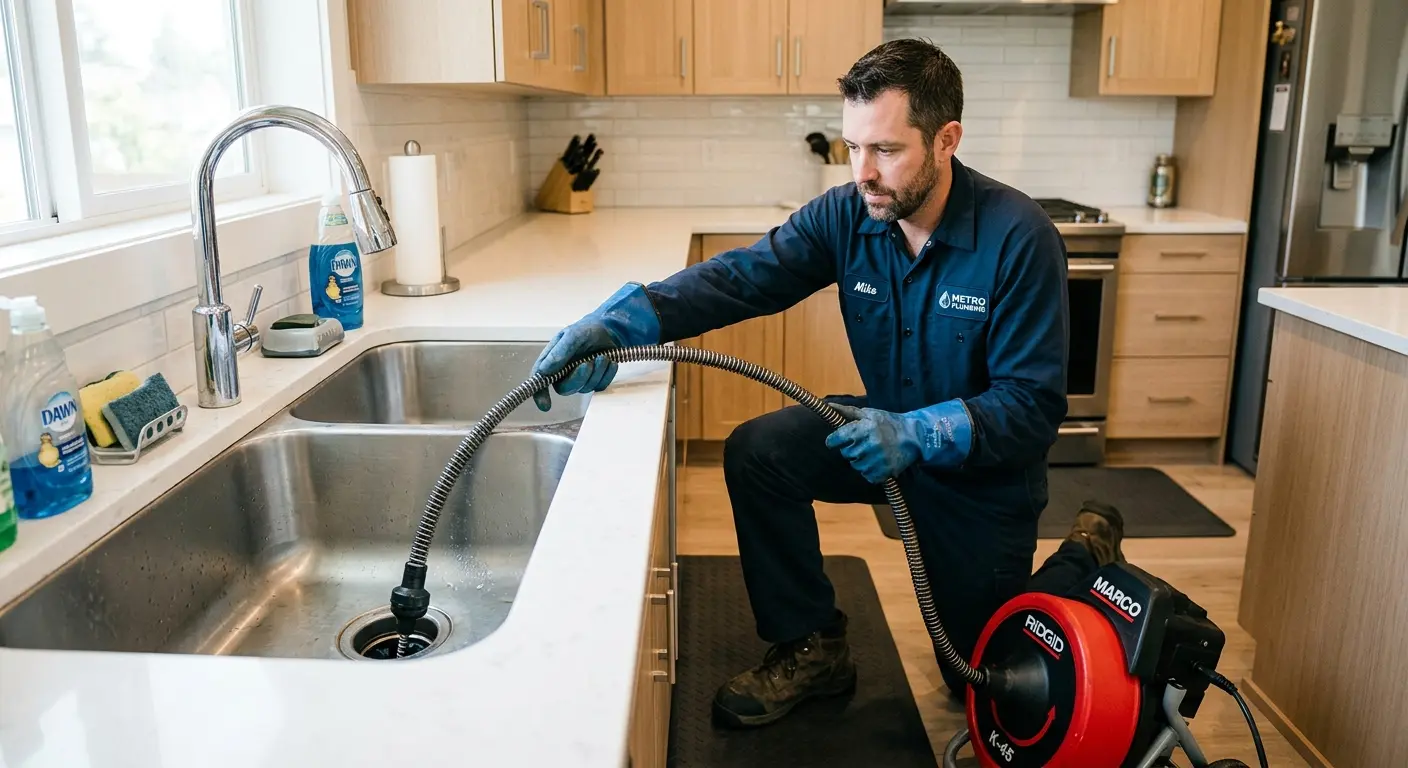 Drain cleaning technician using a motorized snake on a kitchen sink in Clarksville