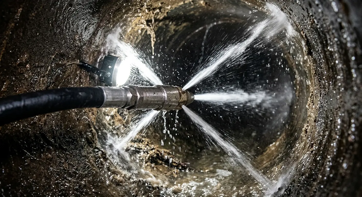 High-pressure hydro jetting nozzle cleaning sewer pipe for Emergency Drain Service in Clarksville