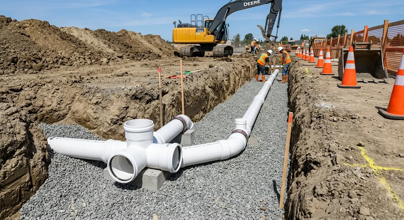 New PVC sewer pipe installation in open trench for Grease Trap Cleaning in Clarksville