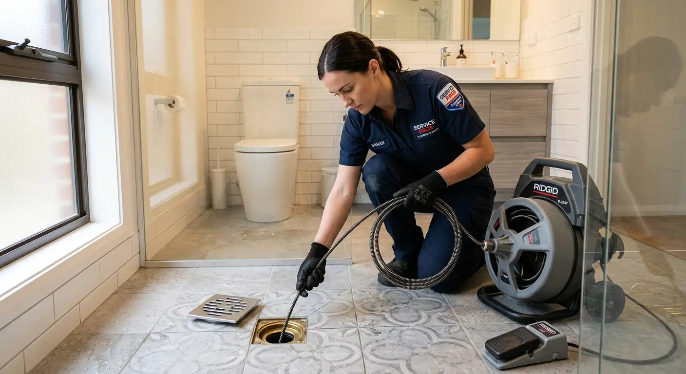 Technician clearing a bathroom floor drain for Hydro Jetting in Clarksville